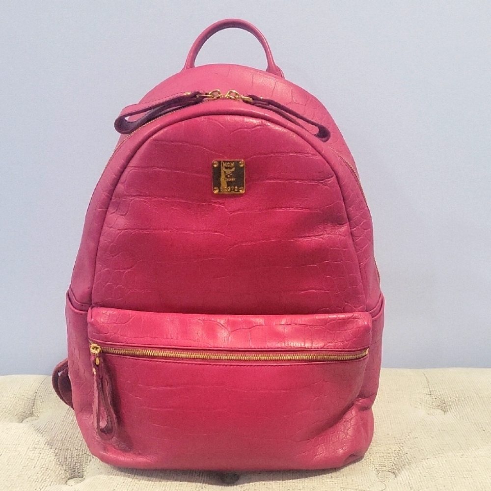 Pink MCM Crocodile-Embossed Backpack